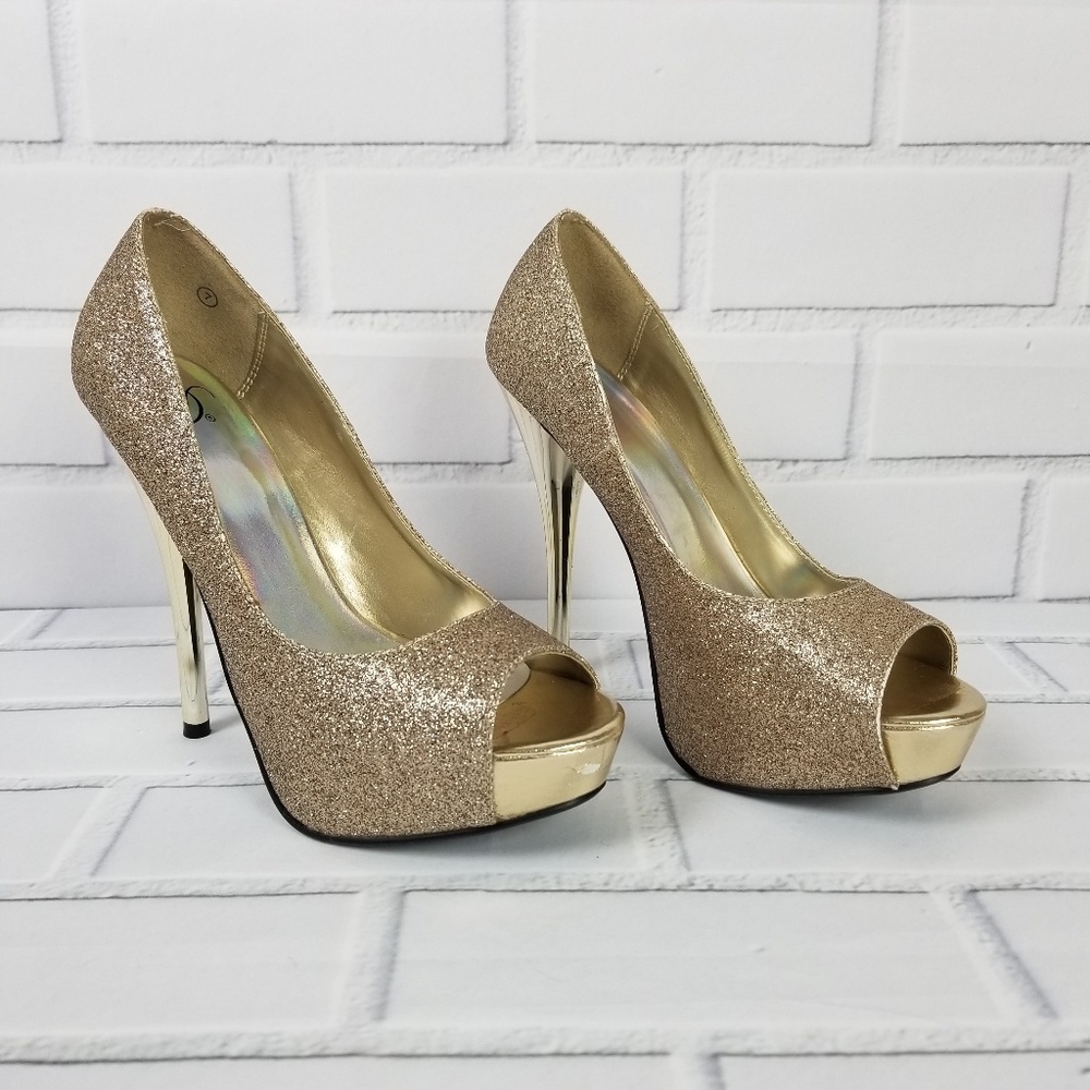 Womens Gold High Heel Shoes Pumps Size 7 Sparkle - Picture 2 of 8